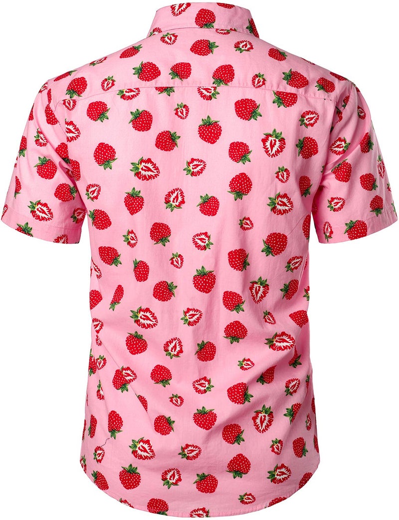 JOGAL Men's Cotton Button Down Short Sleeve Hawaiian Shirt Medium Pink Strawberry - Image 2